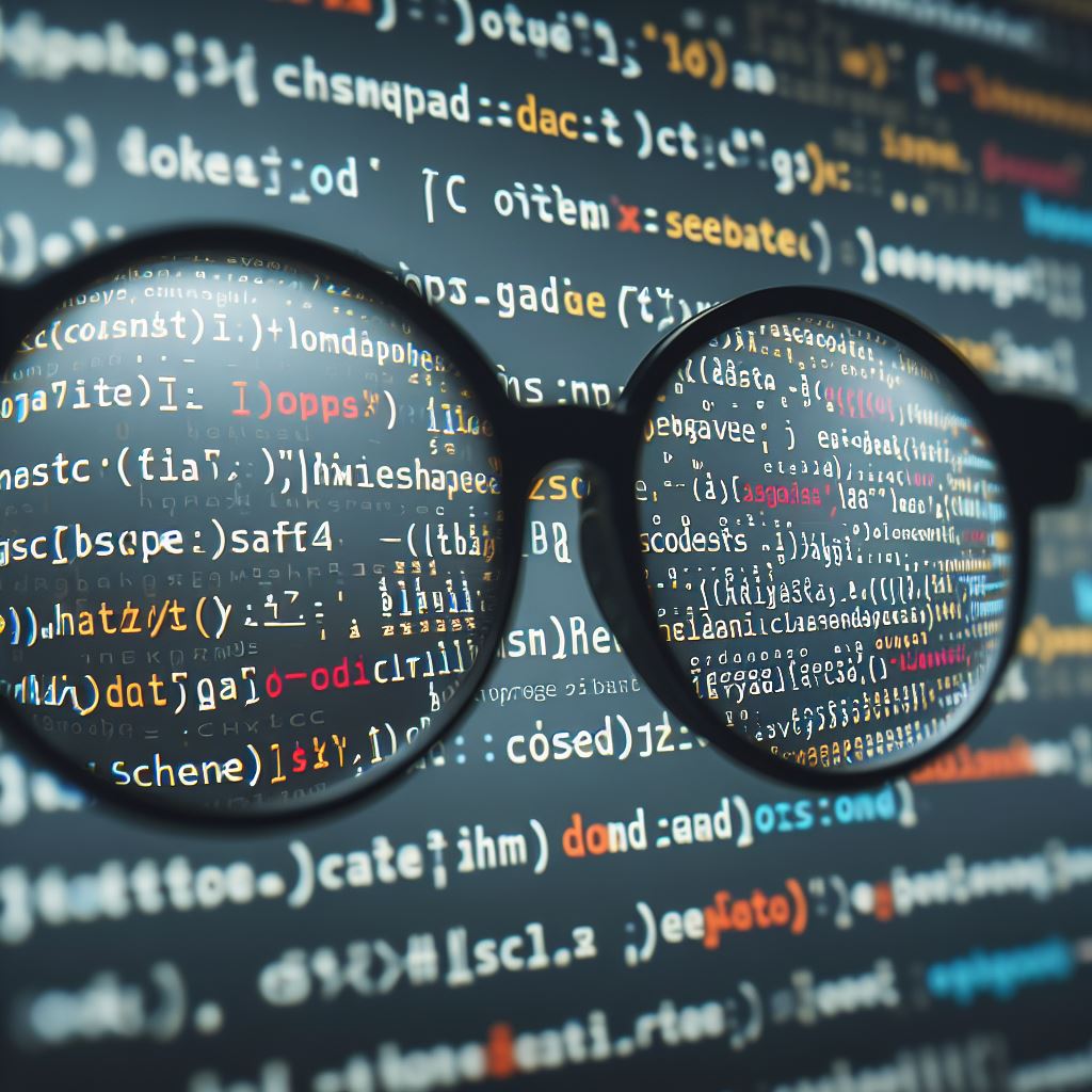Computercode, der durch eine Brille angeschaut wird.