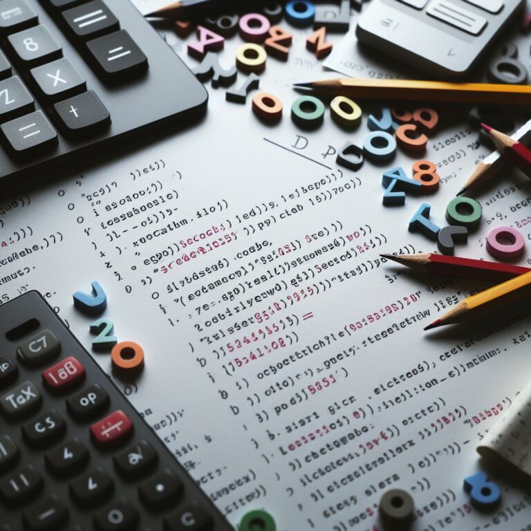 Rechnung in Codeschrift, liegend auf einem Tisch. Daneben ein Taschenrechner, Stift und lose Zahlen aus Holz