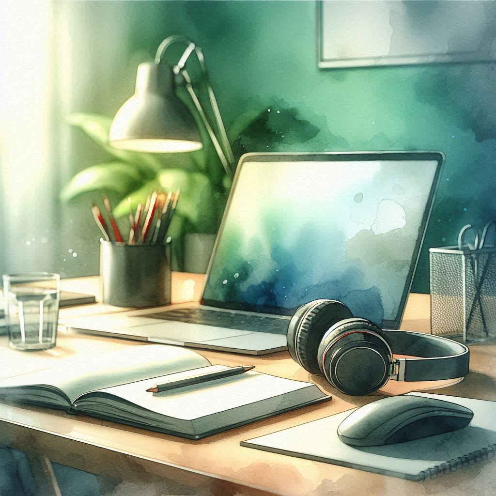 Schreibtisch mit Laptop, Notizbuch, Schreibtischlampe, Headset und Maus zu sehen. Im Aquarell Stil.