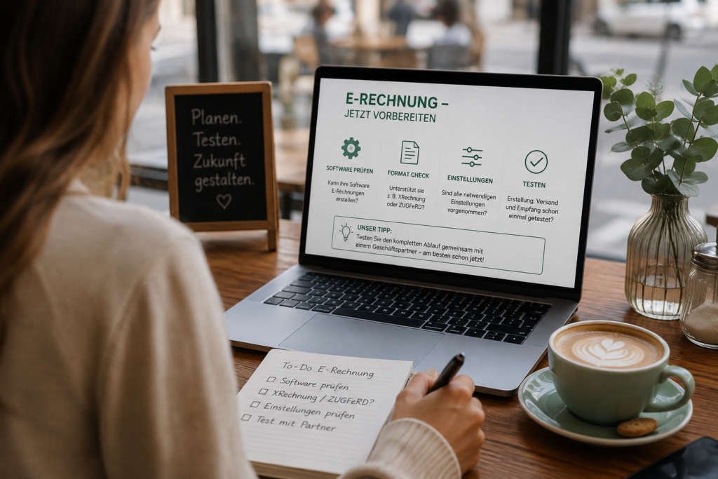 Frau im gemütlichen Cafe mit einem Cappuccino  schreibt eine ToDo Liste, was für die korrekte und bevorstehende E-Rechnungsschreibungspflicht zu erledigen ist. 